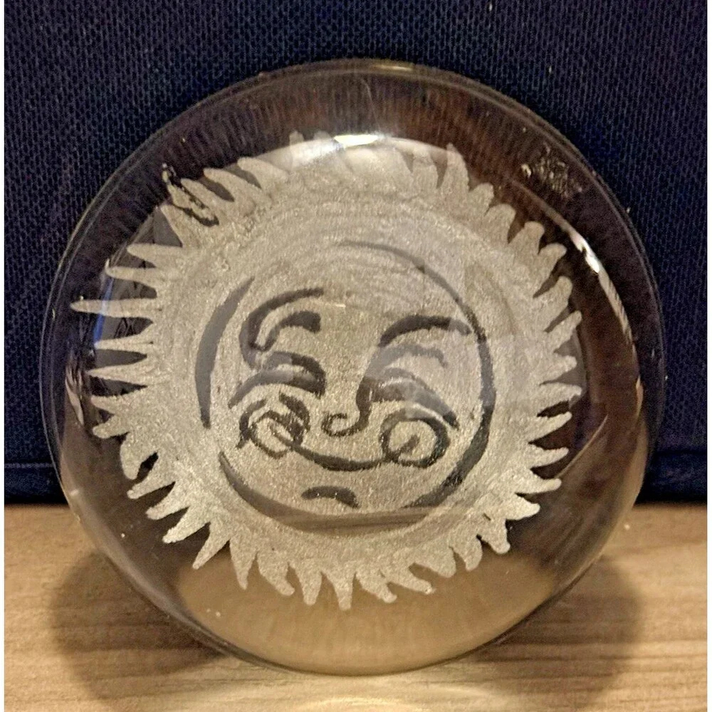 Vintage Glass Dome Paperweight Celestial Sun Face Etched 4